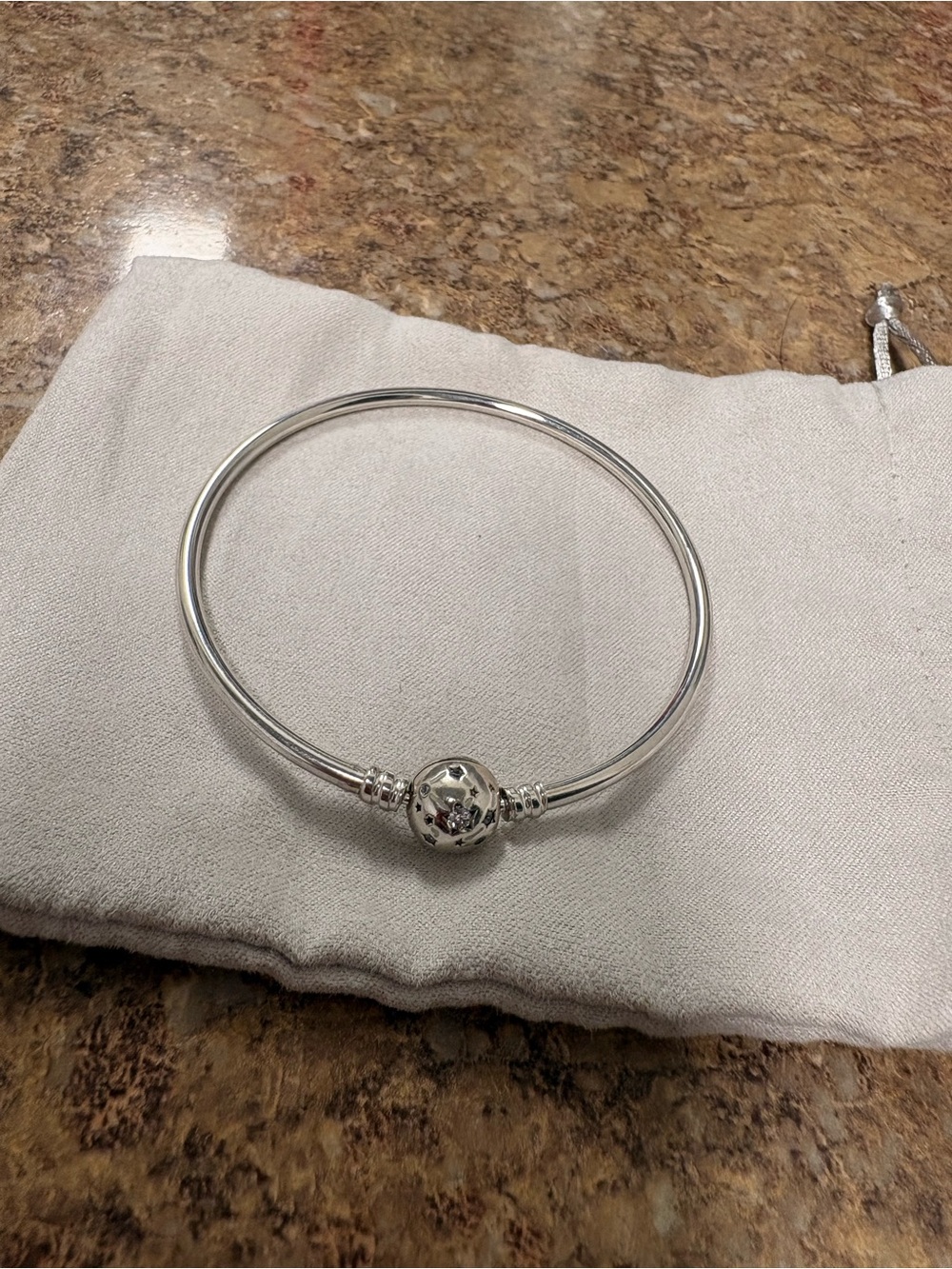Pandora Silver Polished Bangle with Decorative Ball Clasp